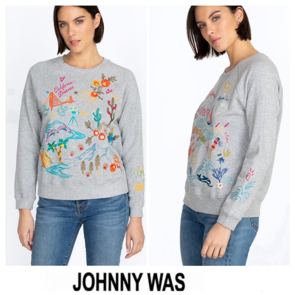 JOHNNY WAS California Raglan Gray Multicolor Embroidery Cotton Sweatshirt Sz XL - Picture 1 of 16